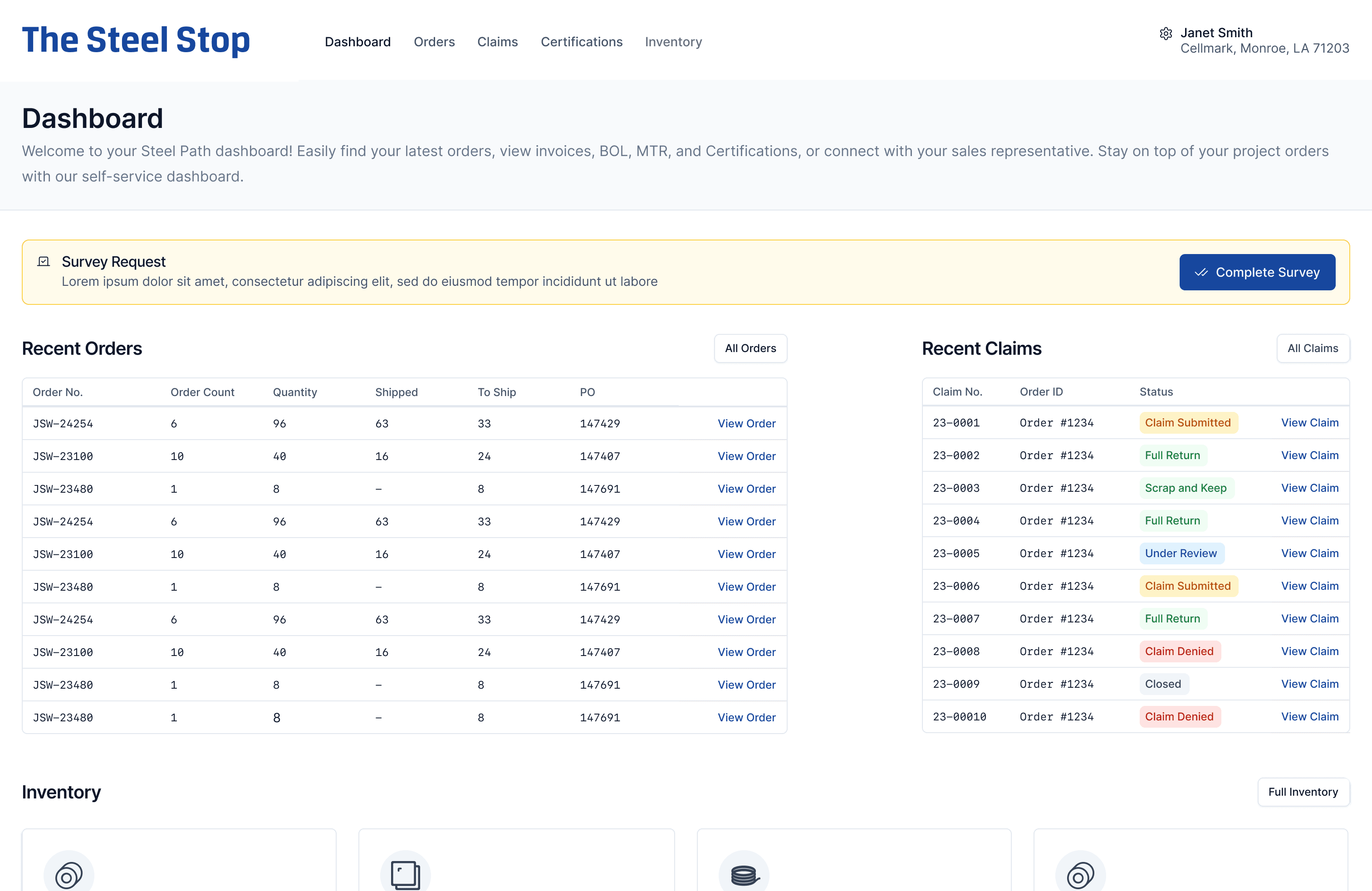 The Steel Path dashboard, showing inventory and order statuses in a table.