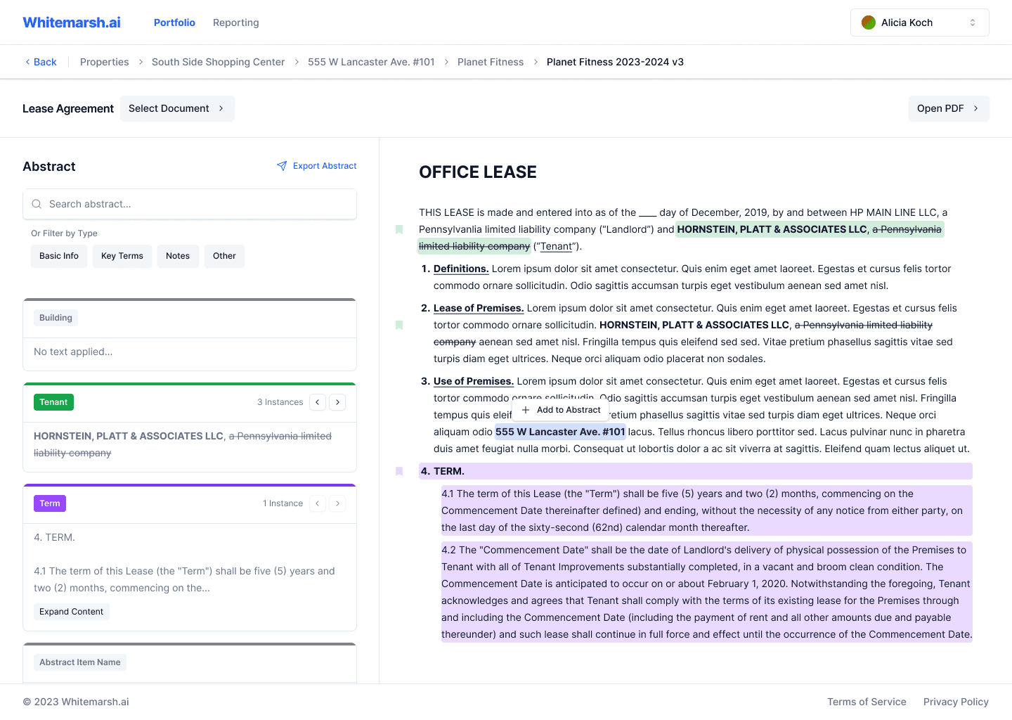 The Legal AI platform showing content extracted from a PDF, with legal terms and abstracts highlighted.