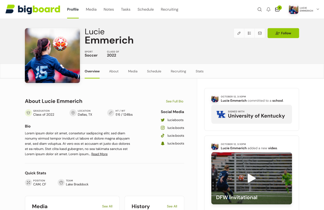 Screenshot of the Big Board Sports player profile screen that includes a young woman juggling a soccer ball, various statistics and information, plus highlight videos.