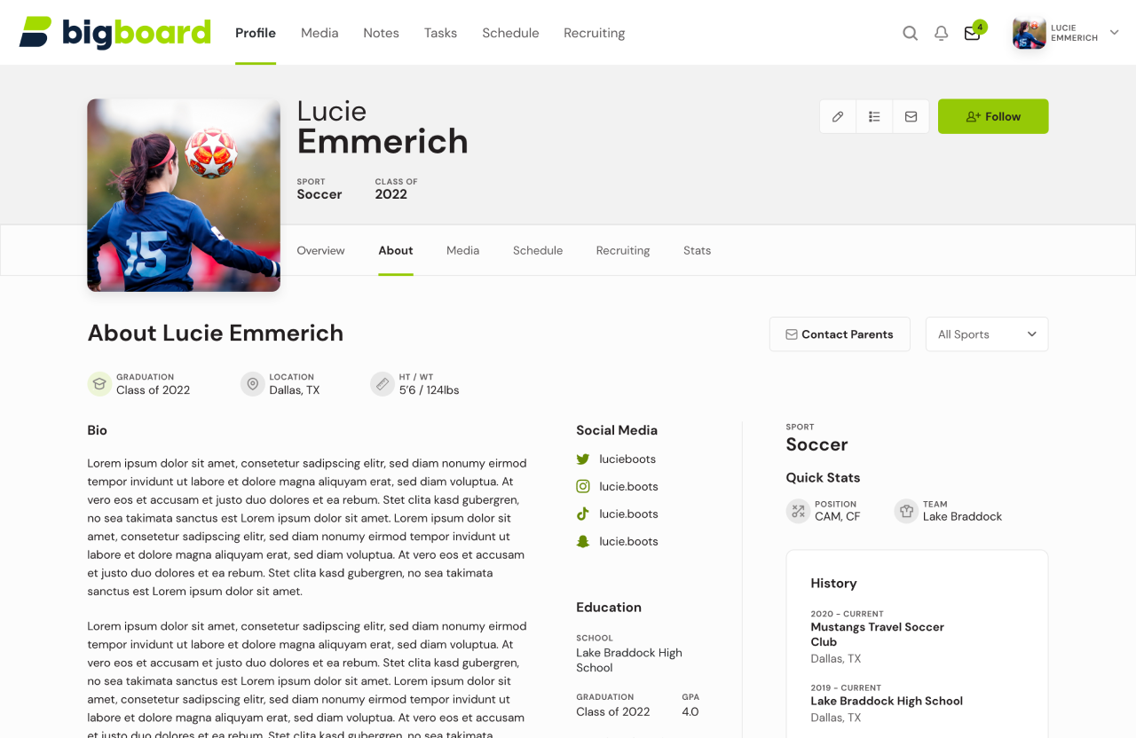Screenshot of the Big Board Sports player profile screen that includes a young woman juggling a soccer ball, various statistics and information, plus highlight videos.