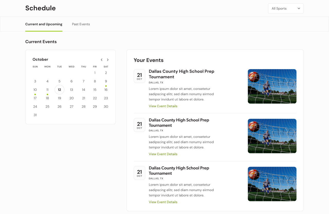 Screenshot of the Big Board Sports event calendar featuring a calendar and event information.