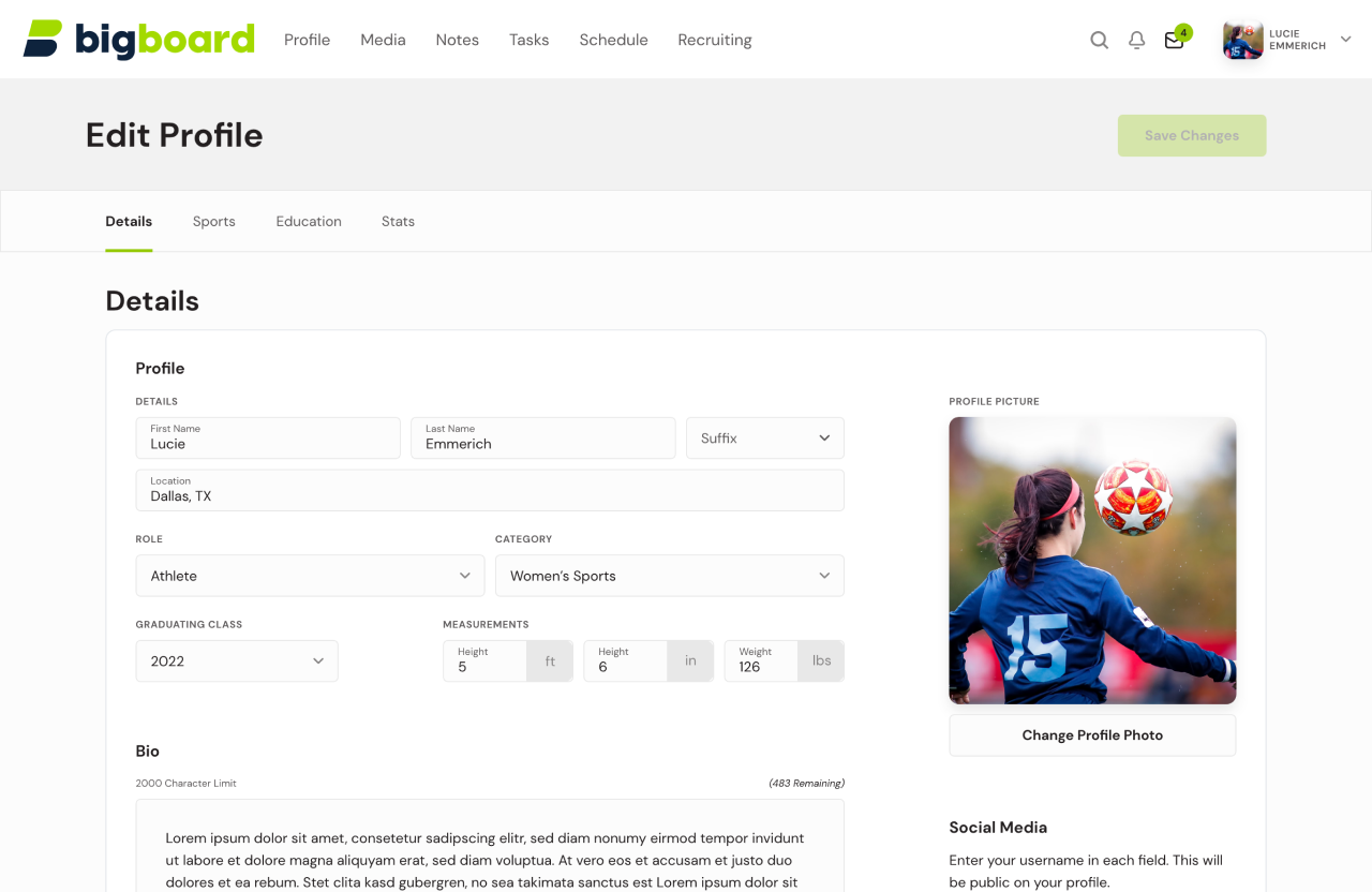 Screenshot of the Big Board Sports profile edit screen featuring form fields that allow a user to edit their information.