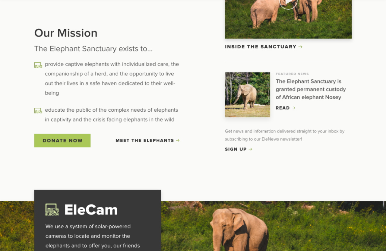 Screenshot of The Elephant Sanctuary in Tennessee's website that features a section of the site depicting the Sanctuary's mission alongside a feature to view the site's Elecams.