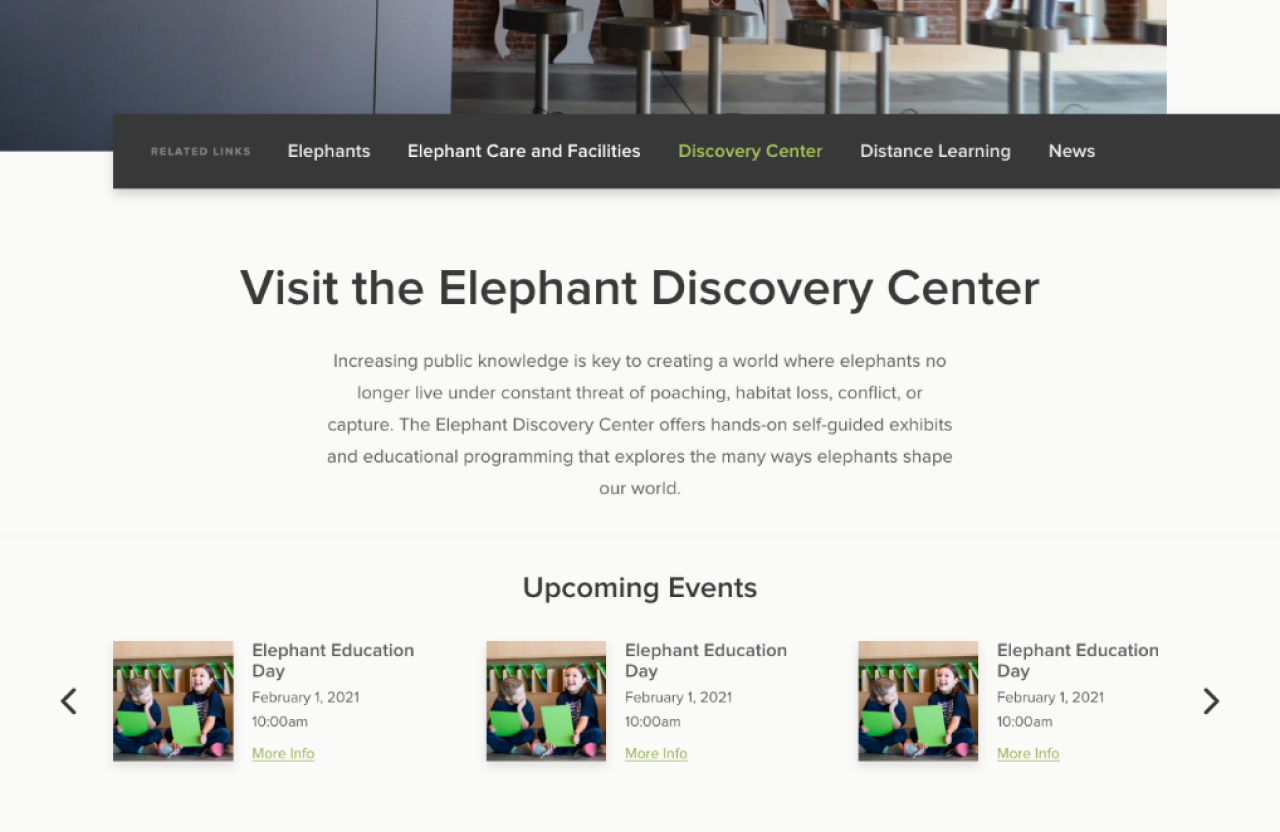 Screenshot of The Elephant Sanctuary in Tennessee's website that includes details about the Elephant Discovery Center and its events.