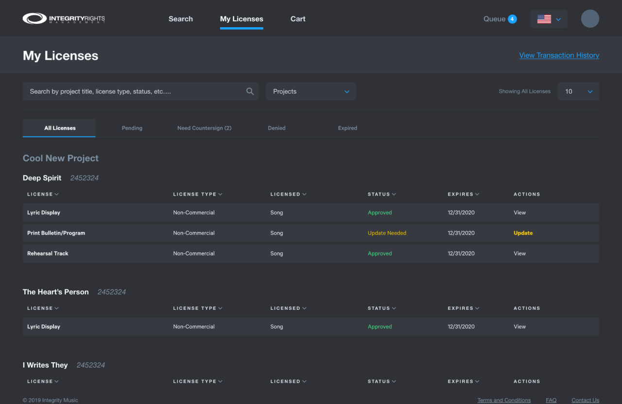 Screenshot of Integrity Music's licensing platform application that includes more music licenses in a tabular layout.