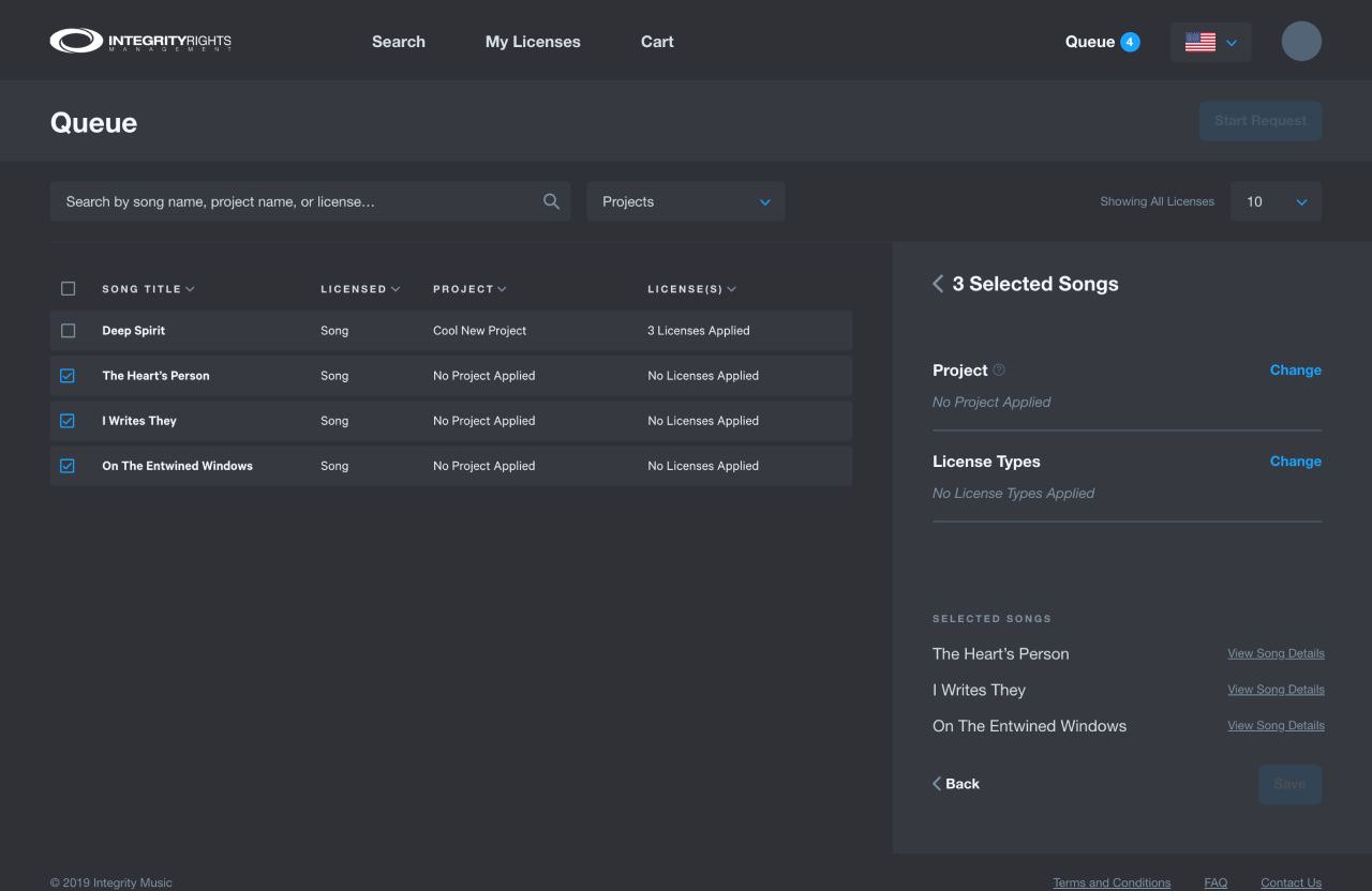 Screenshot of Integrity Music's licensing platform application that shows a queue of license requests.