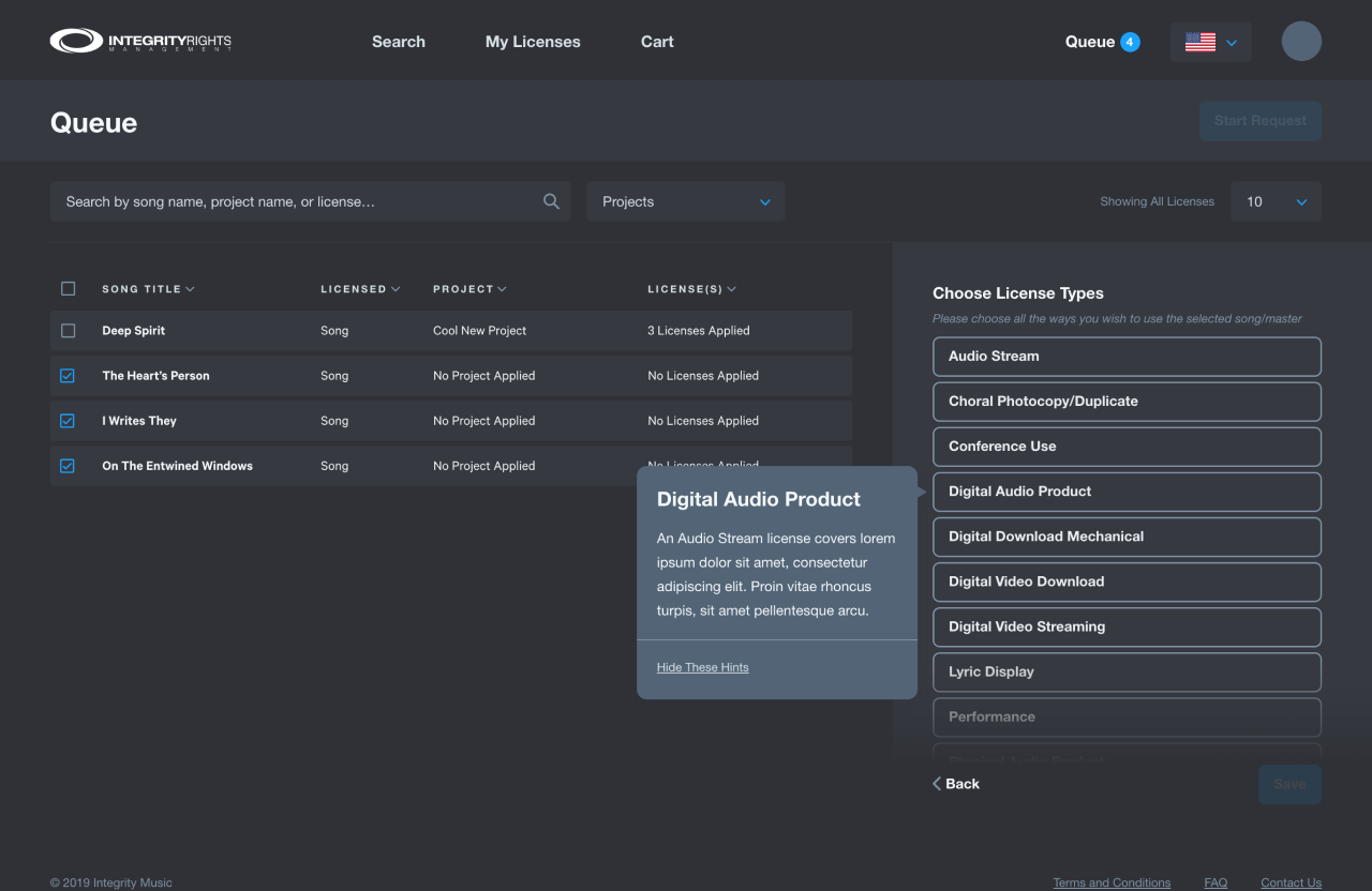 Screenshot of Integrity Music's licensing platform application that shows a bulk editing feature.