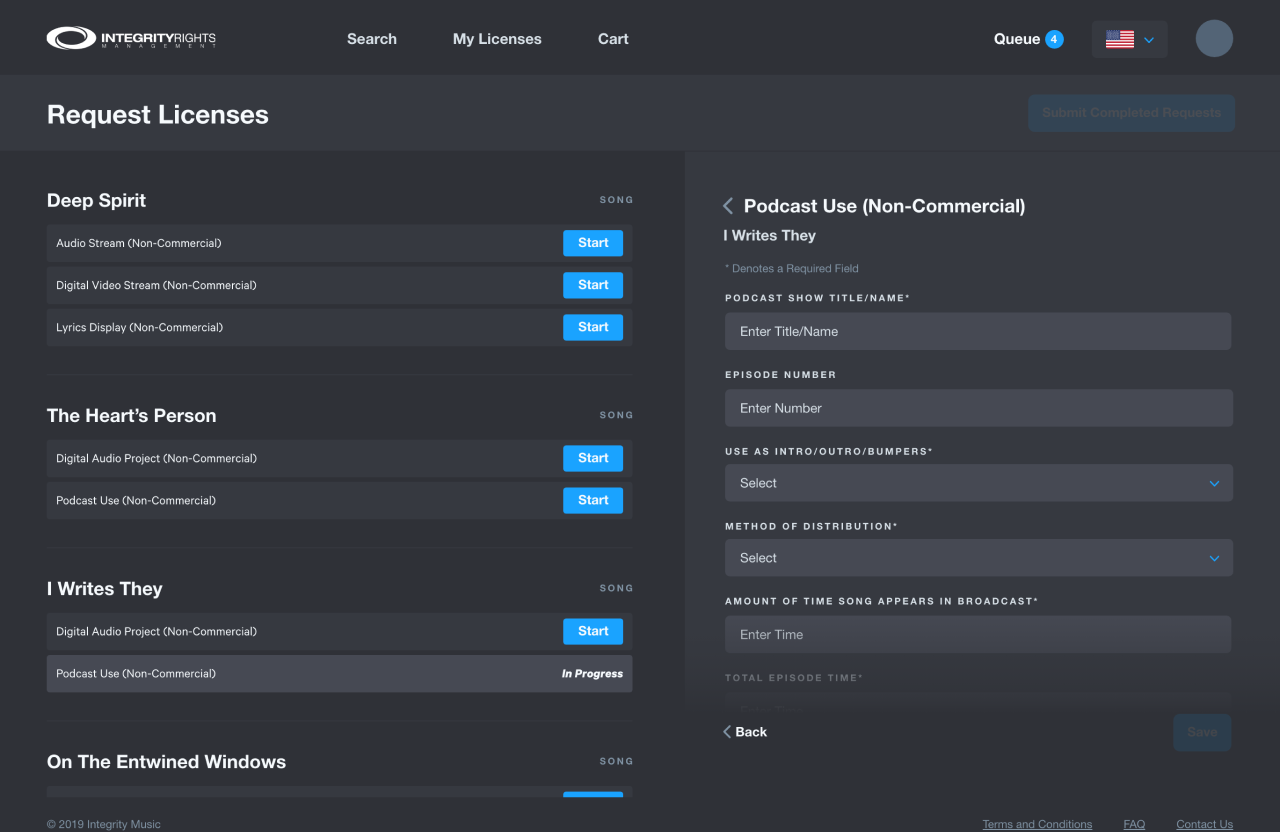 Screenshot of Integrity Music's licensing platform application that includes a license request screen featuring form fields to request a specific license.