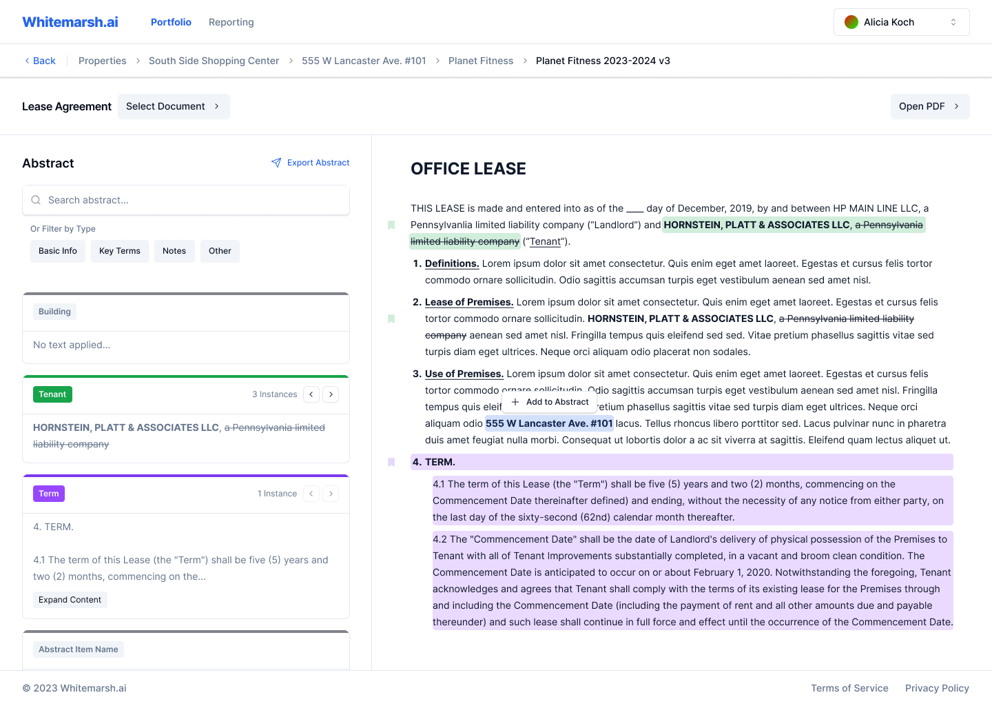View of the Legal AI platform that shows content exported from a PDF with legal terms and abstracts highlighted for the user.