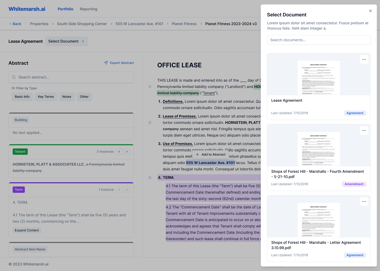 Screenshot of the Legal AI platform that shows content exported from a PDF with the function to allow a user to select a new document to view.
