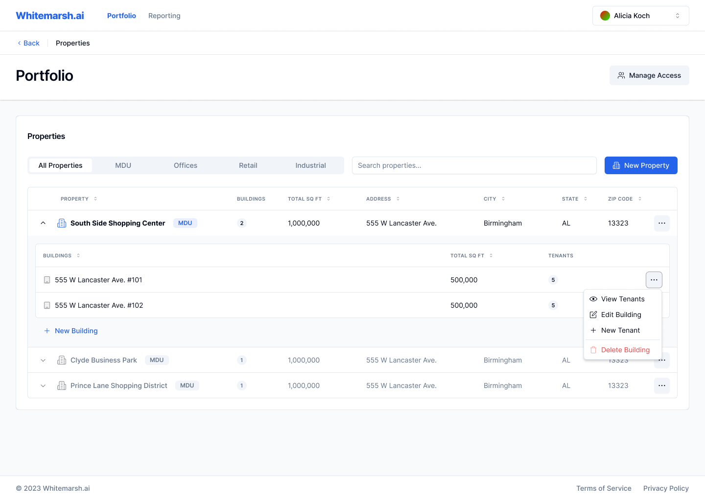 Screenshot the Legal AI platform showing a tabular view of all properties a manager has in their portfolio.