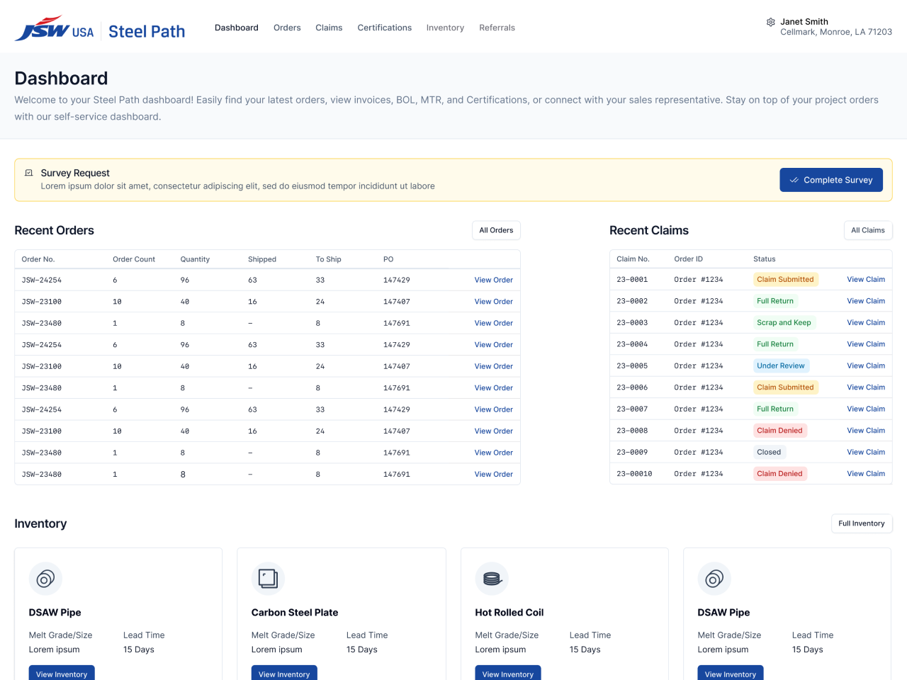 Screenshot of JSW Steel's Steel Path platform. This view shows various details about JSW Steel's inventory and order statuses in an tabular layout.